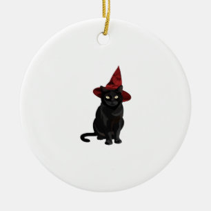 Mystic Black Cat with Dark Red Hat Classic T-Shirt Ceramic Ornament