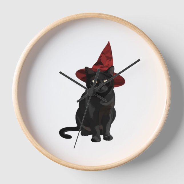Mystic Black Cat with Dark Red Hat Classic T-Shirt Clock (Front)