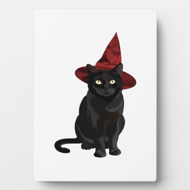 Mystic Black Cat with Dark Red Hat Classic T-Shirt Plaque (Front)
