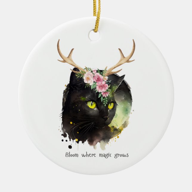 Mystic Bloom Cat Ceramic Ornament (Front)