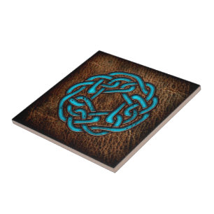 Mystic blue celtic knot on leather tile