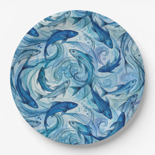 Mystic Blue Fish Flowing Harmony Paper Plate