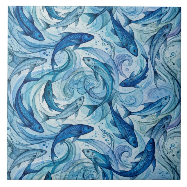 Mystic Blue Fish Flowing Harmony Tile (Front)