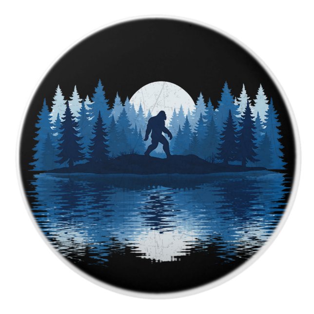 Mystic Blue Forest Bigfoot Moon Silhouette Door Ceramic Knob (Front)