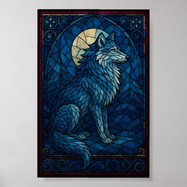 Mystic Blue Wolf – Stained Glass Style Wall Art (Front)