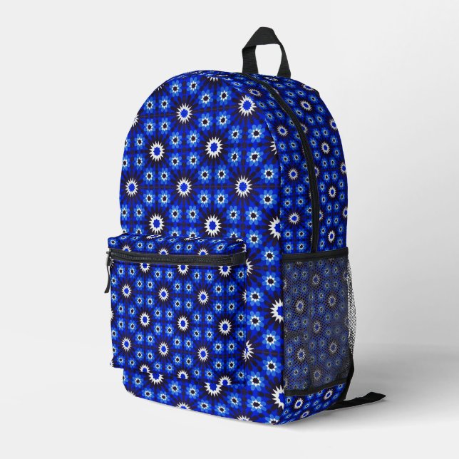 Mystic Blue Zellige Geometry Printed Backpack (Back Corner Right)
