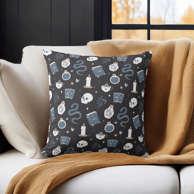 Mystic Boho Crystal Skull Snake Halloween Pattern Throw Pillow (Creator Uploaded)