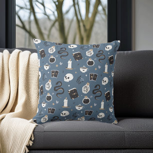 Mystic Boho Crystal Skull Snake Halloween Pattern Throw Pillow