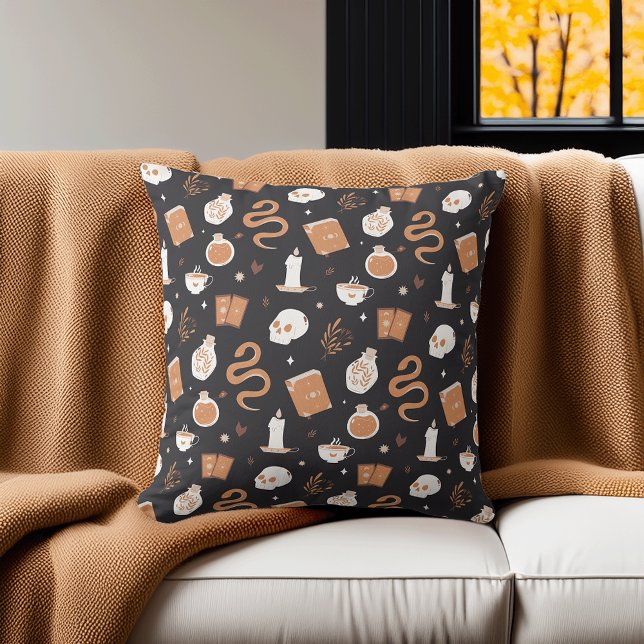 Mystic Boho Crystal Skull Snake Halloween Pattern Throw Pillow (Creator Uploaded)