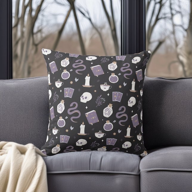 Mystic Boho Crystal Skull Snake Halloween Pattern Throw Pillow (Creator Uploaded)