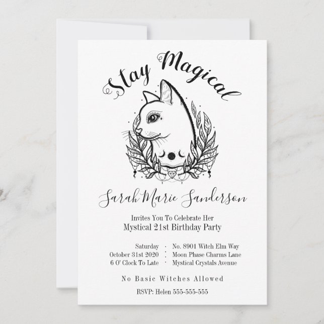 Mystic Cat 21st Birthday Magic Halloween Moonphase Invitation (Front)
