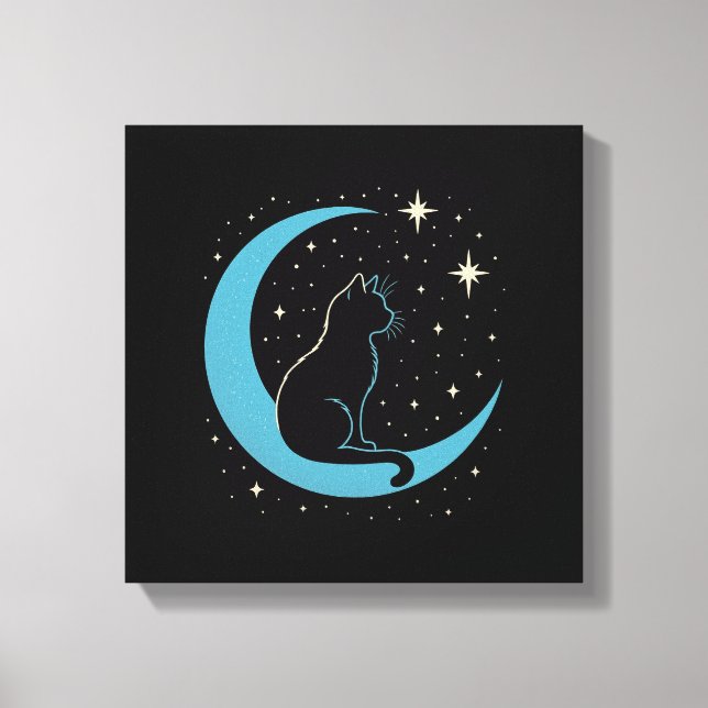 Mystic Cat on Blue Moon Night Sky Canvas Print (Front)