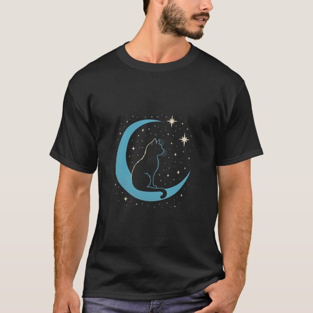 Mystic Cat on Blue Moon Night Sky T-Shirt (Front)
