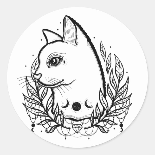 Mystic Cat Stay Magical Halloween Magic Moonphases Classic Round Sticker (Front)