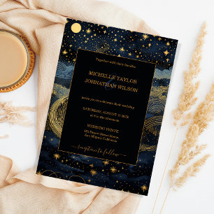 Mystic Celestial Midnight Blue Gold Stars Moon Invitation