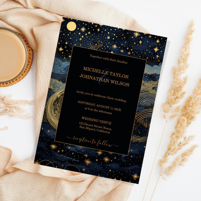 Mystic Celestial Midnight Blue Gold Stars Moon Invitation (Creator Uploaded)