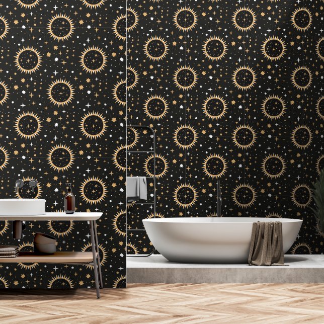 Mystic Celestial Sun and Stars Seamless Pattern Wallpaper (Bathroom)