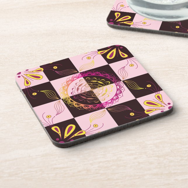 Mystic Chequerboard, Pink and Black Graphic Art  Coaster (Left Side)