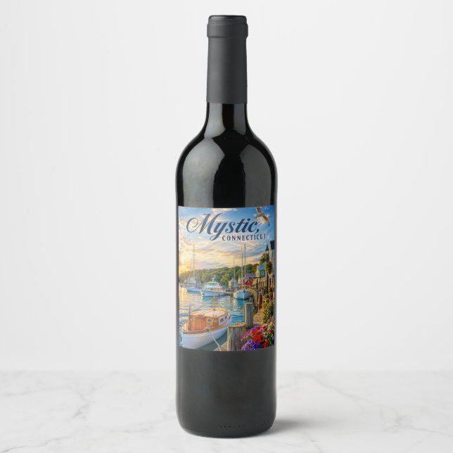 Mystic, Connecticut Harbour Sunset Wine Label (Front)
