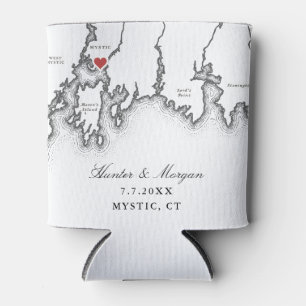 Mystic CT Map Elegant Black White Wedding Favor Can Cooler