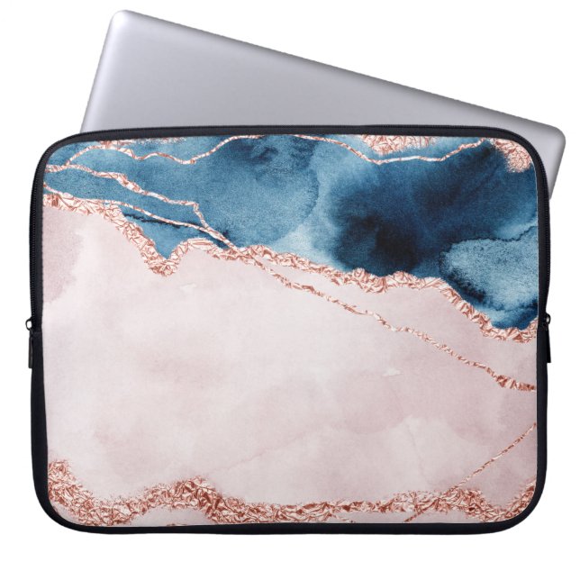 Mystic Elegance | Teal Blue and Rose Gold Agate Laptop Sleeve (Front)