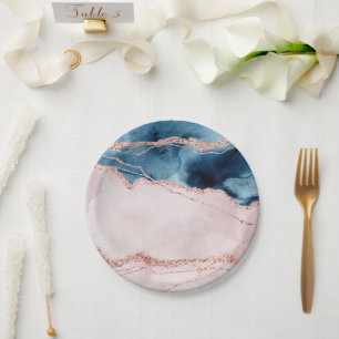 Mystic Elegance Teal Blue and Rose Gold Agate Paper Plate