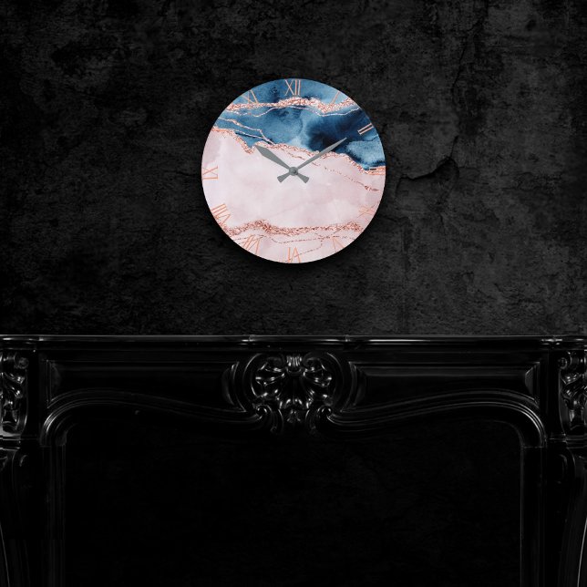 Mystic Elegance | Teal Blue and Rose Gold Agate Round Clock (Creator Uploaded)