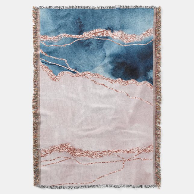 Mystic Elegance | Teal Blue and Rose Gold Agate Throw Blanket (Front Vertical)