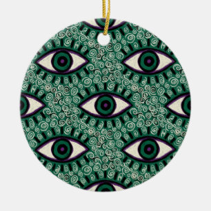 "Mystic Emerald Eyes" - Psychedelic Swirl Seamless Ceramic Ornament