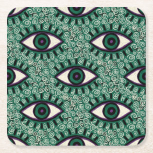 "Mystic Emerald Eyes" - Psychedelic Swirl Seamless Square Paper Coaster
