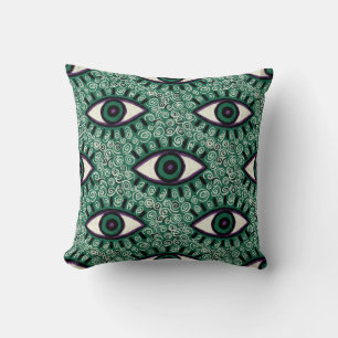 "Mystic Emerald Eyes" - Psychedelic Swirl Seamless Throw Pillow