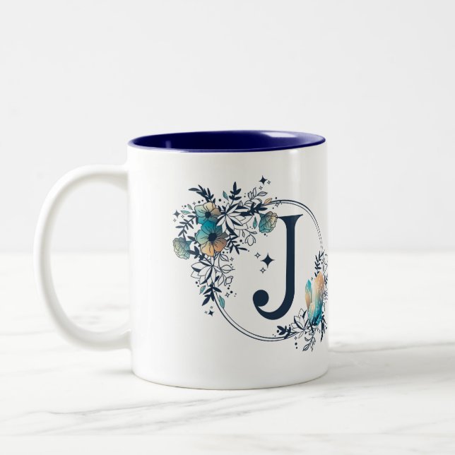 Mystic Floral Monogram Initial - Letter J Two-Tone Coffee Mug (Left)