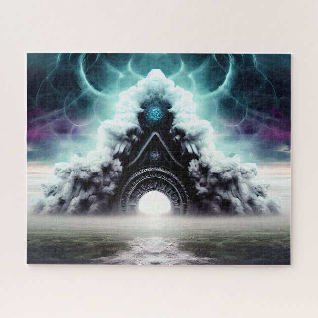 Mystic foggy bridge mouth of river creepy castle jigsaw puzzle (Horizontal)