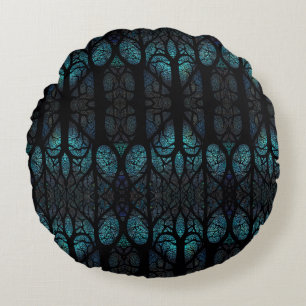 Mystic Forest Mosaic Blue & Black pattern Round Pillow