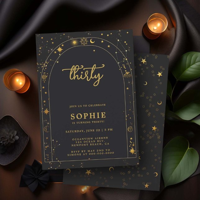 Mystic Fortune Astrology Boho Arch 30th Birthday Invitation (celestial constellation horoscope mystic tarot 30th birthday invitation black gold boho arch fortune)