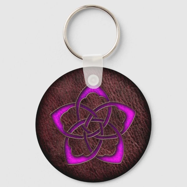 Mystic glow purple celtic flower on leather keychain (Front)