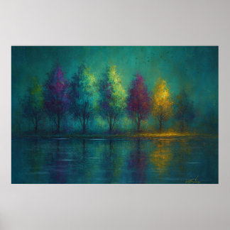 Mystic Grove - Reflections Colorful Trees at Dusk Poster