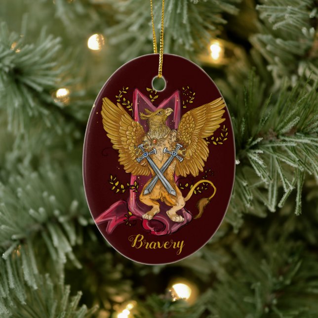 Mystic Gryphon with Swords "Truth"&"Bravery" Ceramic Ornament (Tree)