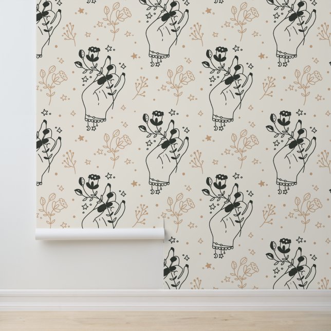 Mystic Hand Floral Celestial Pattern Cream Wallpaper (Application)