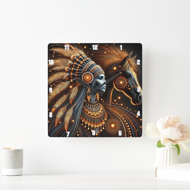 Mystic Harmony of Woman and Horse in Luminous Art Square Wall Clock (Home)