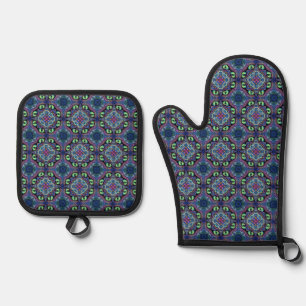 Mystic Indigo Bloom – Ornamental Tile Pattern Oven Mitt & Pot Holder Set