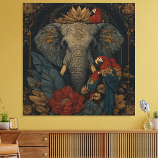 Mystic Jungle Elephant & Parrot Canvas Wall Art