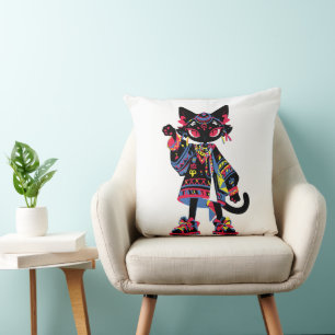 Mystic Kawaii Cat – Colourful Tribal Spirit Tee Throw Pillow