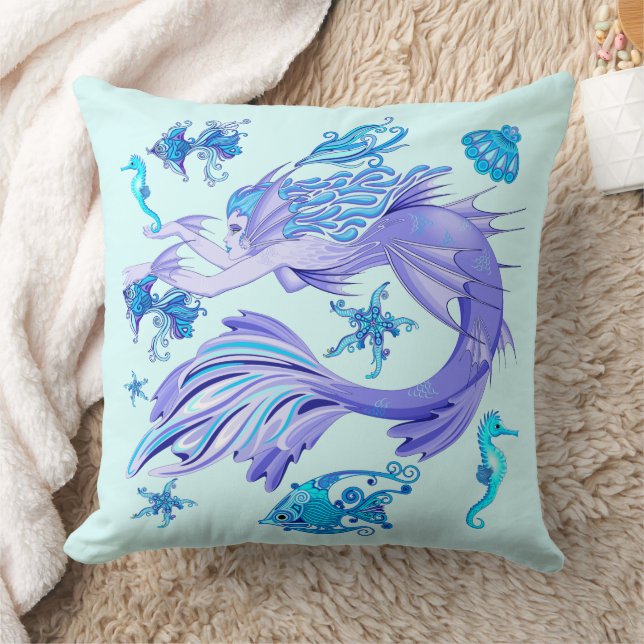 Mystic Mermaid Fairy Purple Creature Ceramic Tile Throw Pillow (Blanket)