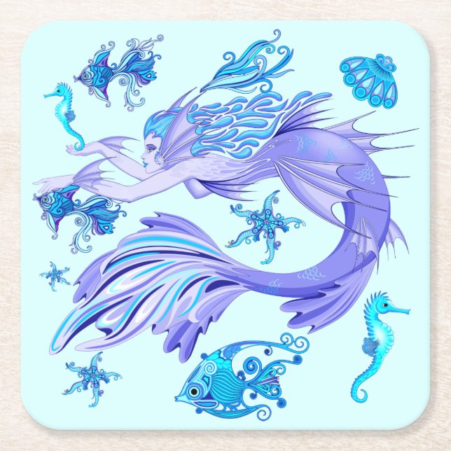 Mystic Mermaid Fairy Purple Creature Square Paper Coaster (Front)