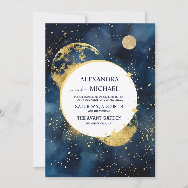 Mystic Midnight Blue and Gold Watercolor Wedding Invitation (Front)