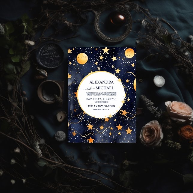 Mystic Midnight Blue and Gold Watercolor Wedding Invitation (Creator Uploaded)