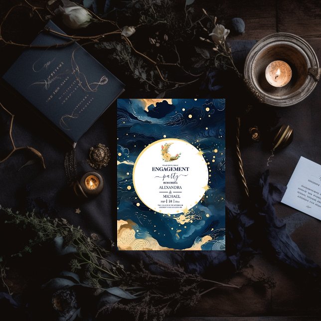 Mystic Midnight Blue  Gold Watercolor Engagement Invitation (Creator Uploaded)