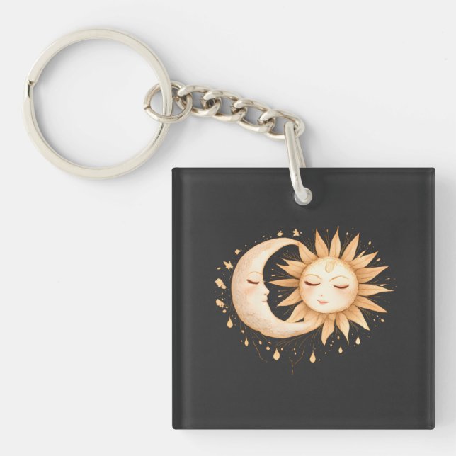 Mystic Moon and Sun Celestial Boho Style Keychain (Front)