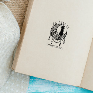 Mystic Moon Cat, Custom Ex Libris Book Rubber Stamp